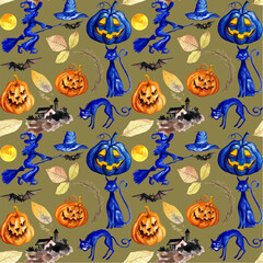 Elegant Halloween and pumpkin seamless pattern watercolor card, perfect for holiday cards, festival backdrops and more