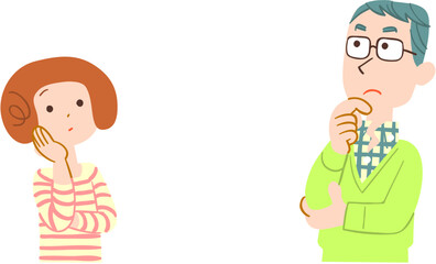 向かい合って考え事をする夫婦　輪郭線なし
