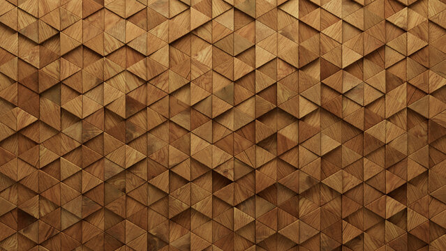 3D Tiles arranged to create a Timber wall. Triangular, Wood Background formed from Natural blocks. 3D Render