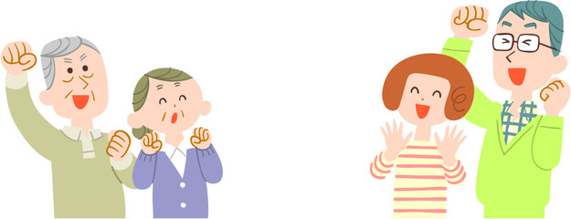 向かい合って喜ぶ若い夫婦とシニアの夫婦　輪郭線なし
