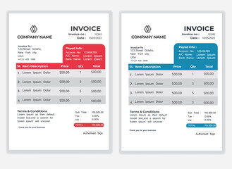 Fototapeta na wymiar Business Minimal Corporate Invoice design template vector illustration bill form price . Creative template and stationery design payment agreement design template Cash Memo, Vector Quotation Design