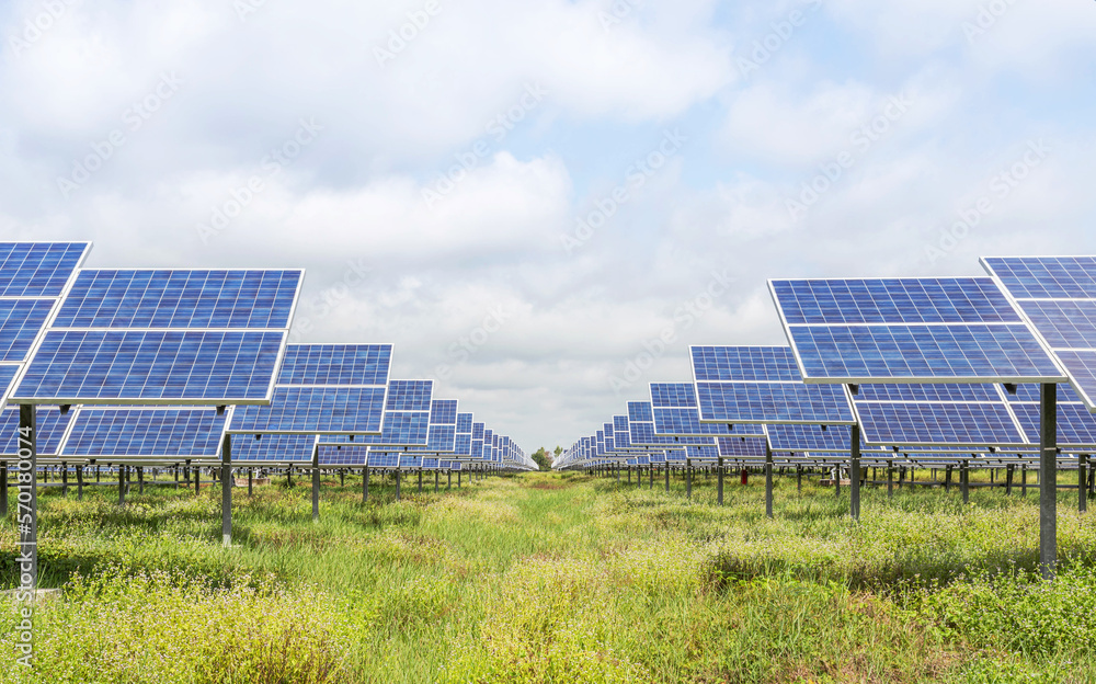 Poster solar cells or photovoltaics in solar power station alternative clean renewable energy efficiency