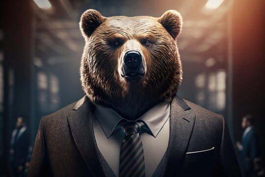 A Portrait Of Bear Wearing Business Suit. Stock Market Trader Concept. Generative AI