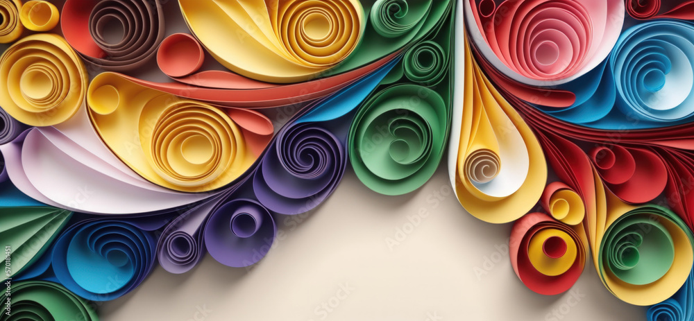 Aufkleber colored paper that has been curled and rolled into an abstract panel. quilling banner with copy spac