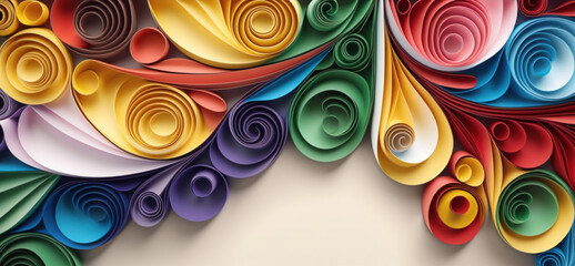 Colored paper that has been curled and rolled into an abstract panel. Quilling banner with copy space on a white background. Paper quilling is a hobby. Generative AI