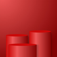 blank round pedestal. red circular podium with steps for outstanding luxury product showcase display advertisement  on color background with minimal style in studio room 
