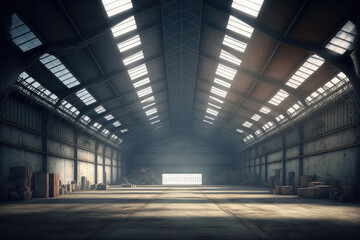 Inside empty warehouse or hangar with large steel structure for industrial background. Peculiar AI generative image. - obrazy, fototapety, plakaty