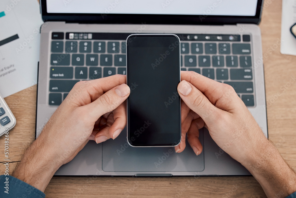Poster Hands, phone and green screen by laptop on mockup for advertising, marketing or networking at office desk. Hand of person with mobile smartphone on mock up display by computer in advertisement or app