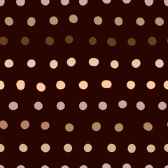 Seamless polka dots pattern. Brown, beige hand-drawn circles on dark red background. Abstract lines of points ornament. Vector boho illustration for wallpaper, fabric, print, wrapping paper, textile