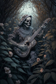 The Death Melancholic Guitarist's Final Serenade: A Dark and Mysterious Journey into the Forest of Destiny illustration ai generative