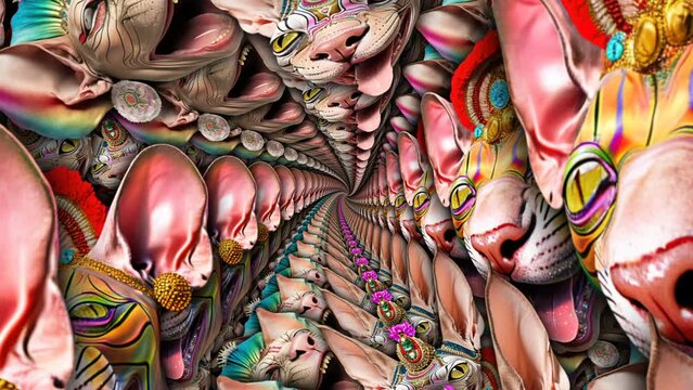 Seamless animation crazy cats with makeup and funny clothes with spinning echo feedback video effect. Psychedelic swirl animation of animals in a  mad spiral party