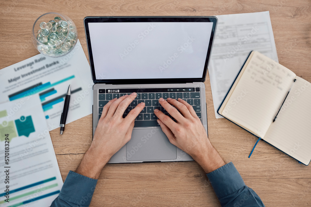 Poster hands, laptop and green screen on mockup above for advertising, marketing or analytics at office des
