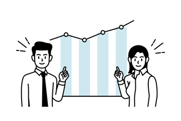 Illustration depicting business men and business women pointing fingers at the growth of business and projects against the backdrop of growth indicators