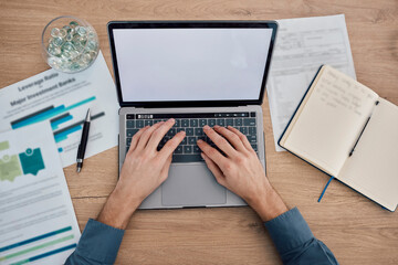 Hands, laptop and green screen on mockup above for advertising, marketing or analytics at office desk. Hand of business person working on computer with mock up display for advertisement or online app