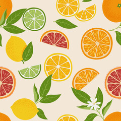 Tropical seamless pattern with yellow lemon, orange, lime, and grapefruit. Citrus Fruit background. Vector Illustration for print fabric or wallpaper