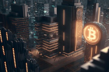 Bitcoin city concept digital illustration, Virtual digital currency bitcoin glowing against skycraper buildings, modern city concept with bitcoin symbol, generative ai