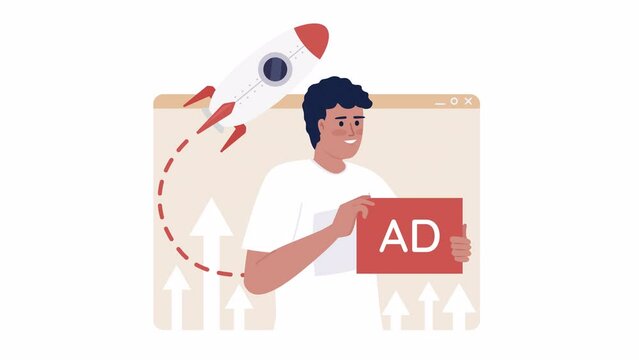 Animated advertising campaign. Launching products. Successful advertisement. 2D cartoon flat character 4K video footage on white with alpha channel transparency. Concept animation for web design