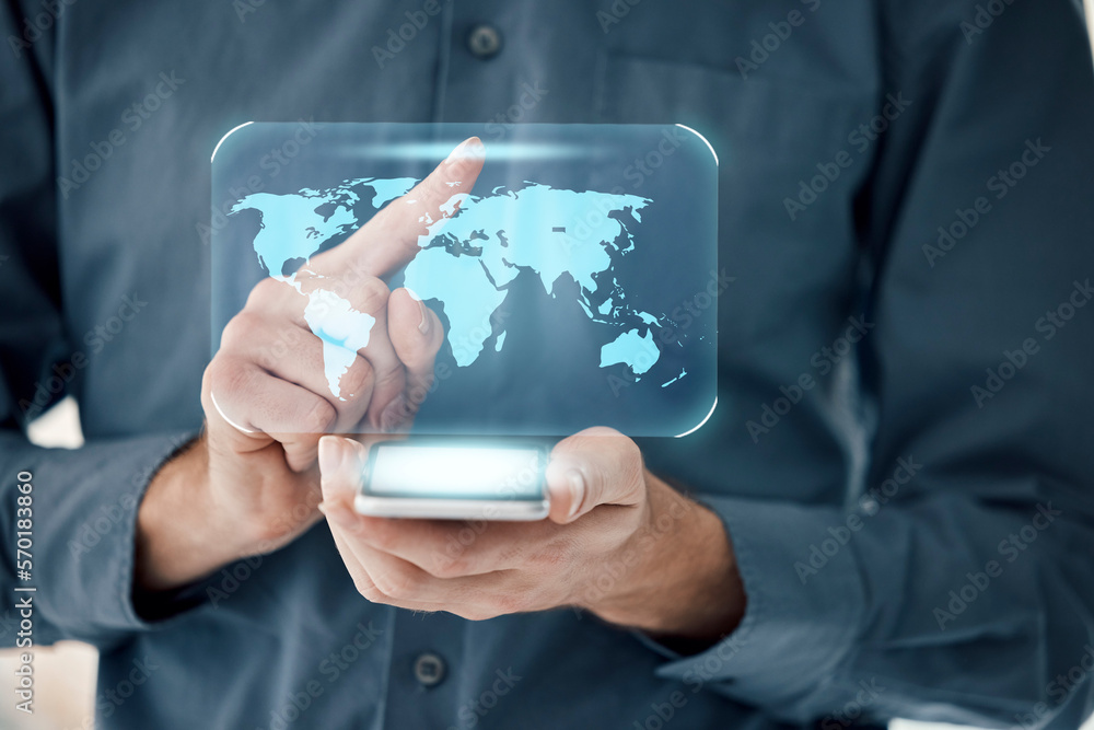 Poster hands, phone and digital hologram for global communication, networking or virtual world map. hand of
