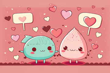 Happy kawaii characters on valentines day