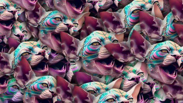 Seamless animation crazy cats with makeup and funny clothes with echo feedback video effect. Psychedelic swirl animation of animals in a  mad spiral party