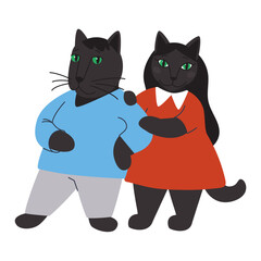 Pair of black cat and cat. Cat pet characters. Loving couple of cats, flat vector illustration, eps10