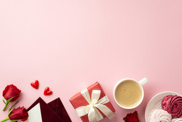 Saint Valentine's Day concept. Top view photo of red giftbox envelopes plate with meringue cup of coffee small hearts and red roses on isolated pastel pink background with copyspace
