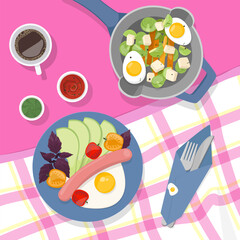 Plate with breakfast on a pink tablecloth. Checkered tablecloth. Egg breakfast. vector illustration eps10