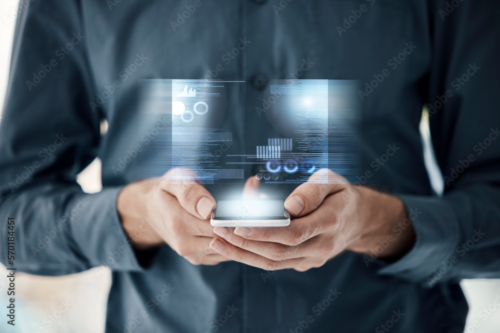Poster Hands, phone and digital hologram for analytics, data or statistics in future development, IoT or information technology. Hand of person analyst on smartphone with futuristic 3D display or AI app
