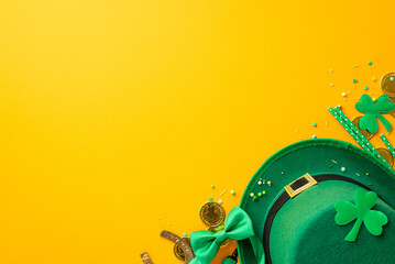 Saint Patrick's Day celebration concept. Top view photo of leprechaun cap bow-tie gold coins...