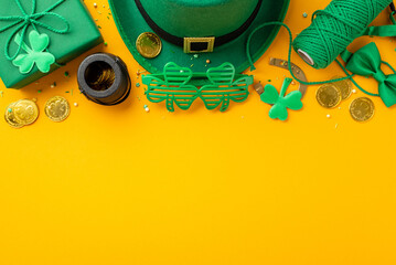 Top view photo of leprechaun headwear giftbox clover shaped party glasses spool of twine bow-tie...
