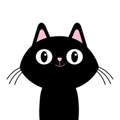 Black cat smiling face head silhouette icon. Funny kitten. Surprised kawaii doodle animal. Cute cartoon funny baby character. Pet collection. Sticker print. Flat design. White background. Isolated.