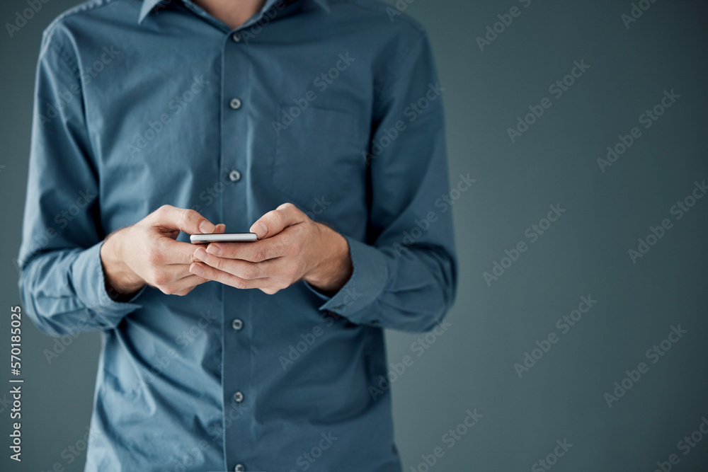 Poster Man hands, phone app and mobile networking of a businessman in a office on web. Online communication, text writing and technology of a social media writer employee with mock up and blurred background