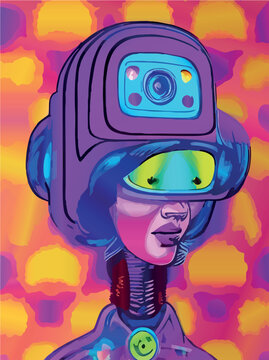 Pop art style portrait of a cyborg woman. Vector Illustration