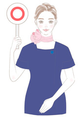 マルのサインを掲げるガイドの女性