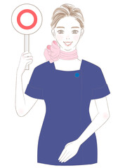 マルのサインを掲げるガイドの女性