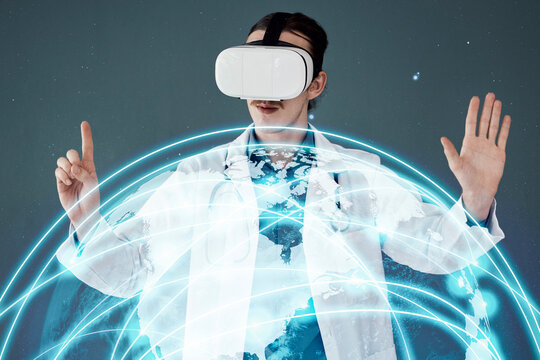 Doctor, vr and 3D hologram for global healthcare, digital help or life insurance against gray studio background. Man medical expert in virtual reality for futuristic development, globe or innovation