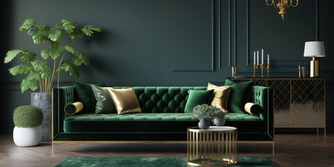 Elegant living room interior with modern design, green velvet sofa, furniture, gold decoration carpet, copy space, pillow and stylish personal accessories. Template. Generative AI