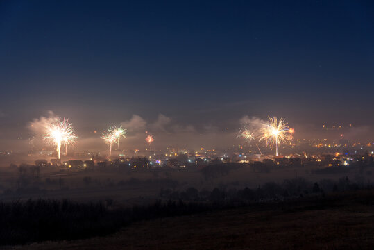 small village and fireworks. New Year.
