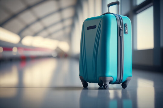 Blue luggage or suitcase in the airport departure lounge, airplane in the blurred background - Generative AI