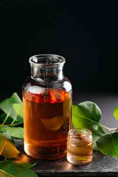 berry tinctures in shorts with fruit and berries on the backgrou