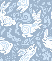 Seamless vector pattern with silhouettes of rabbits with leaves and oriental motifs