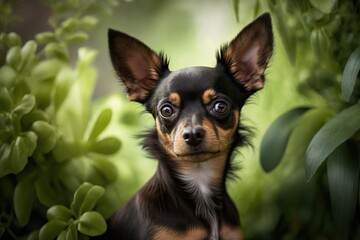 Toy terrier dog with caution and suspicion looks at camera, greenery background, concept of Alertness and Wariness, created with Generative AI technology