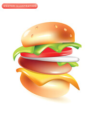 Burger cheeseburger. Realistic 3d design element In plastic cartoon style. Icon isolated on white background. Vector illustration