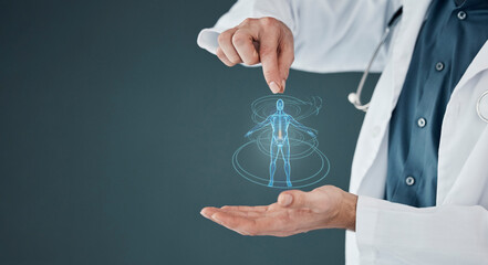 Healthcare, body and doctor hands with a hologram for anatomy, science and human analysis. Digital,...
