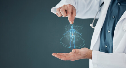 Healthcare, body and doctor hands with a hologram for anatomy, science and human analysis. Digital, research and medical worker with a holographic person for biotechnology on a mockup background