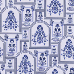 Vintage seamless pattern in Portugal style Indian blue pottery stle . Azulejo. Majolica pottery tile, blue and white azulejo, traditional Portuguese and Spain decor. 