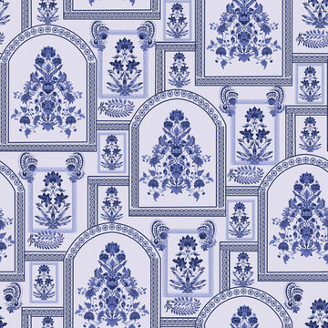 Vintage seamless pattern in Portugal style Indian blue pottery stle . Azulejo. Majolica pottery tile, blue and white azulejo, traditional Portuguese and Spain decor. 