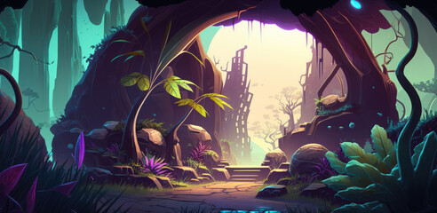 digital concept image of an alien planet with a fantasy jungle environment. Generative AI