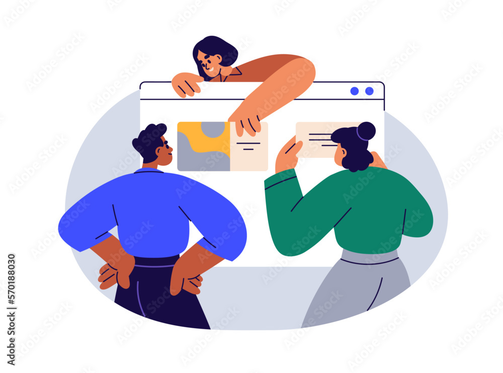 Fototapete Creative team, work process. Web-designers, developers designing, developing website page with content. Teamwork in technologies concept. Flat vector illustration isolated on white background
