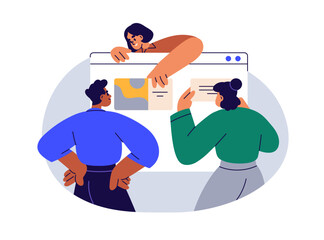 Creative team, work process. Web-designers, developers designing, developing website page with content. Teamwork in technologies concept. Flat vector illustration isolated on white background